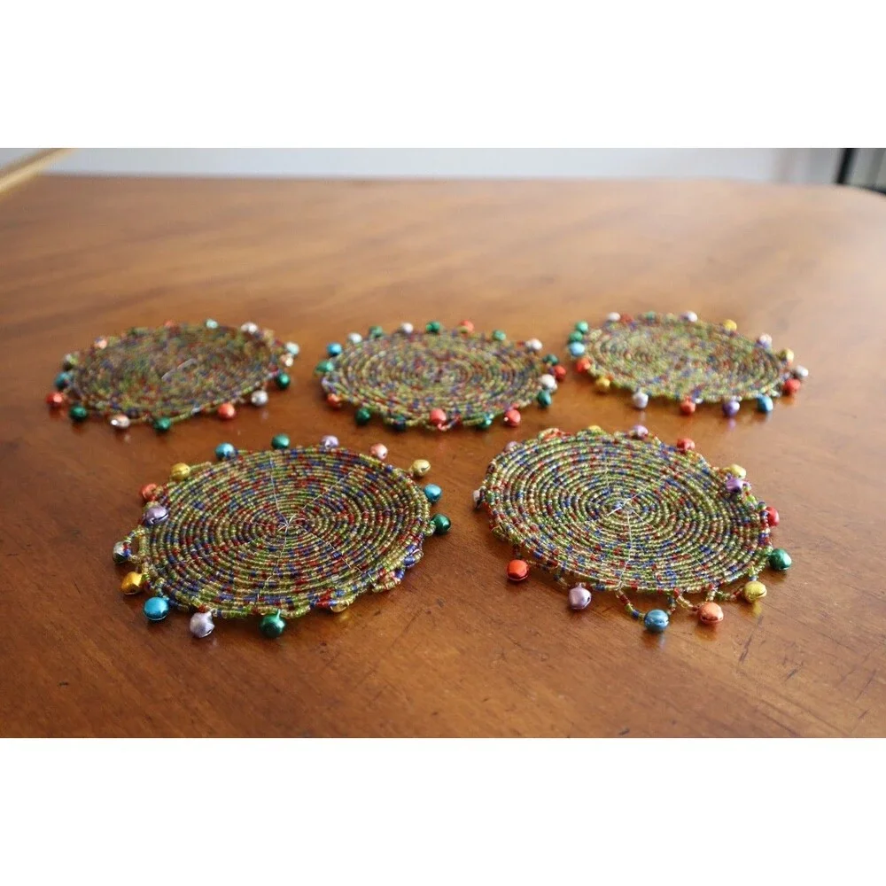 Lot 5x Pier 1 Imports Pier One Festive Beaded 4” Jingle Coasters Bells Christmas